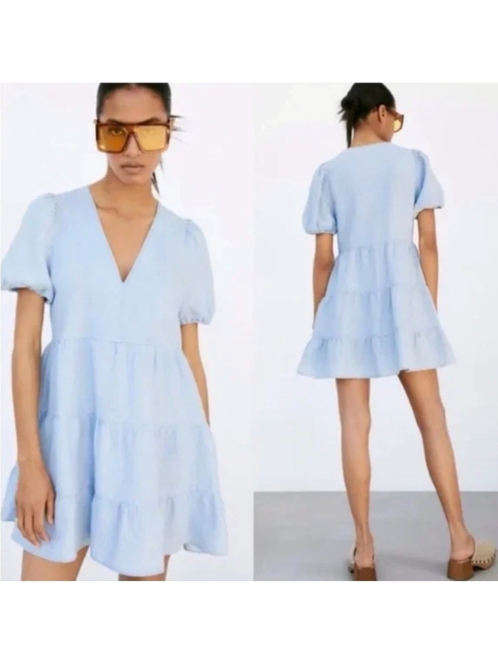 Zara Linen Cotton Light Blue V-Neck Tiered Puff Sleeve Mini Dress sz M